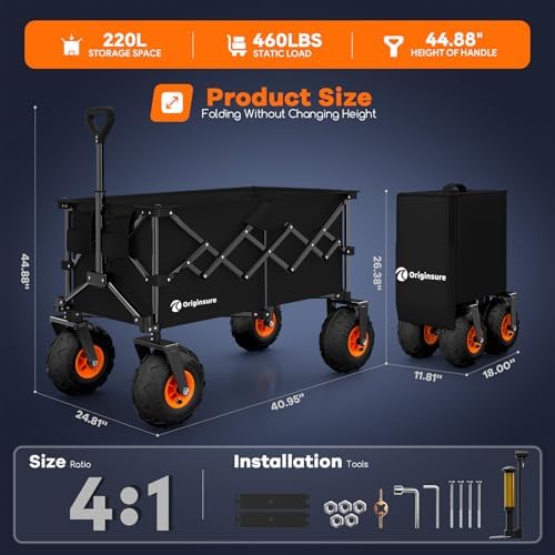 Originsure 220L Collapsible Beach Wagon with Balloon Wheels, 460lbs, Black - Image 2