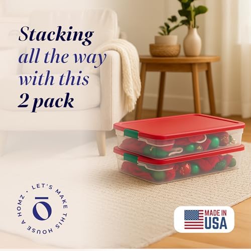 HOMZ 60-Quart Holiday Plastic Underbed Storage Bins with Red Latching Lids, Secure Clear Rolling Storage for Home Organization, 2 Pack, Green Latches - Image 2