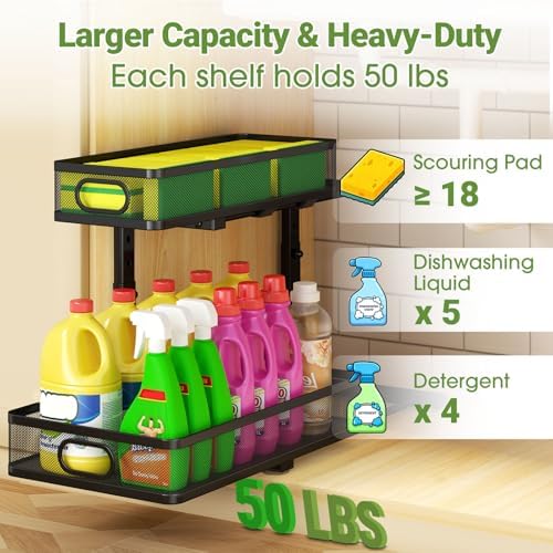 Under Sink Organizer 2-Pack, Metal 2-Tier Pull-Out Cabinet Shelf with Slide-Out Mesh Drawers, Height Adjustable, Space-Saving Under Sink Storage Racks for Kitchen, Bathroom, Laundry Room - Image 4