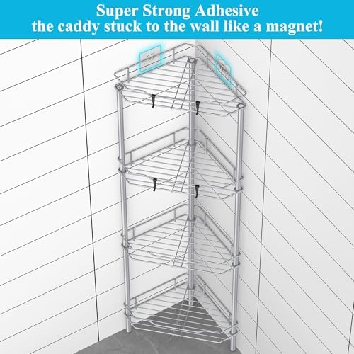 HuggieGems Metal Floor Standing Corner Shower Caddy, Silver, 4 Tier - Image 2