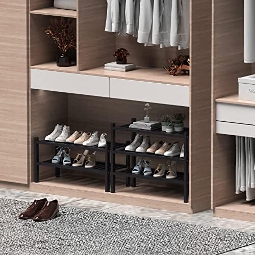 ROMGUAR CRAFT 3 Tier (Thick) Bamboo Shoe Rack for Entryway, Small Wood Shoe Shelf Storage Organizer for Closet, Shoe Stand for Hallway, Stackable and Sturdy 27"x12"x21" Black - Image 4