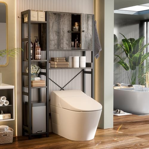 Over The Toilet Storage Cabinet with Doors - 7 Tier Bathroom Organizer with Adjustable Shelf, Freestanding Space Saver Rack Above Toilet Stand with 4 Hooks for Bathroom, Restroom, Laundry, Grey Oak - Image 2