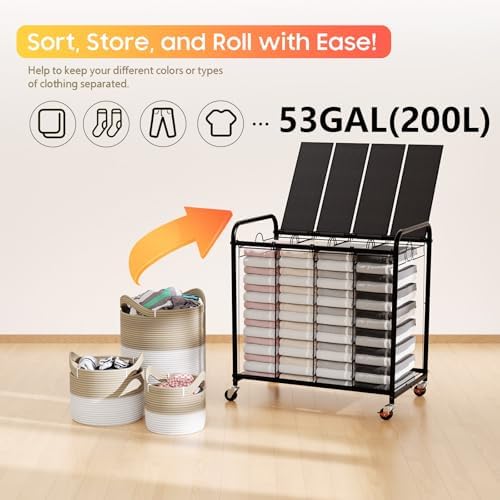 Laundry Sorter 4 Sections 48 Gal, Rolling Laundry Basket with Wheels ＆ Lid - Image 6