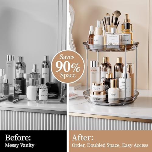 Delamu 2 Tier Rotating Makeup Organizer for Vanity, Skincare Organizer for Bathroom Counter, Spinning Perfume Organizer Cosmetic Holder with Large Capacity, Grey - Image 3