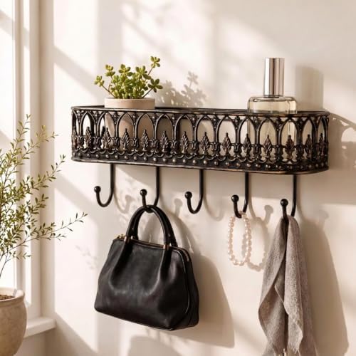 Vintage Key Holder Shelf Wall Mount Metal Mail Rack with 5 Hooks, Black by Unknown