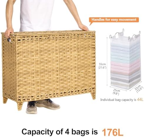 Laundry Hamper with 4 Removable Liner Bags, 176L Laundry Sorter with Lid - Image 4