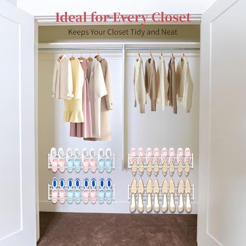 2 Pack Wall Mounted Shoe Rack for Narrow Spaces, Hanging Shoe Rack Holds 16 Pairs, 17"-30"Adjustable Heavy Duty Wall Shoe Storage with 4 Storage Hooks, Space Saving for Closet Entryway Door, White - Image 2