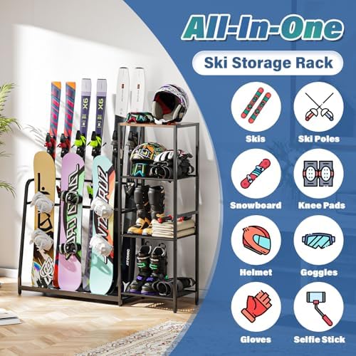 Freestanding Snowboard Rack - 4 Pair Ski, 3 Pack Snowboard, Boot, Pole, Goggles, Helmet Rack for Garage, Shed, Basement - Image 3