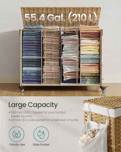 SONGMICS Rolling Laundry Hamper with Lid, 210 L 4-Section Synthetic Rattan - Image 4