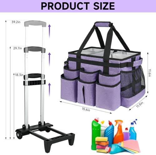 Large Rolling Cleaning Caddy Bag with Detachable Trolley,Cleaning Cart on Wheels with Shoulder Strap,Cleaning Supplies Organizer for Housekeepers,Purple - Image 5