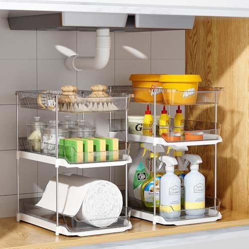 Delamu 2 Pack 3-Tier Bathroom Under Sink Organizers and Storage, Multi-Purpose Stackable Pantry Organization and Storage, Pull Out Clear Kitchen Bathroom Cabinet Organizer with Movable Dividers, Grey - Image 7