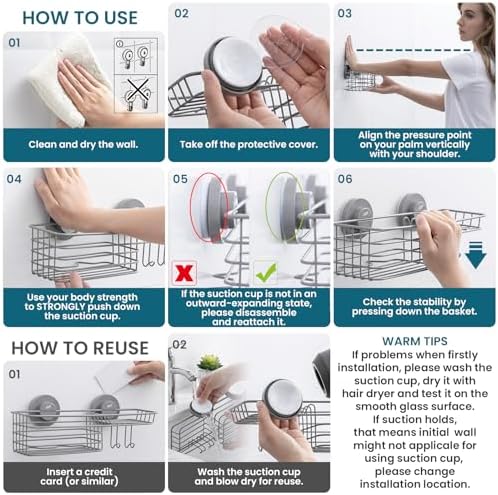 TAILI Shower Caddy Suction Cup 2 Pack with Hooks & Soap Holder, Heavy Duty Shower Organizer for Bathroom, No Drilling Bathroom Organizer with Large Capacity, Metal Storage Holder-Grey - Image 7