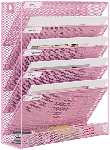 EasyPAG 5 Tier Wall File Holder, Mesh Hanging Folder Organizer with Classify Label, Versatile Desk File Holder, Vertical Wall Mounted Mail Organizer for Office Home Cubicle, Pink by EasyPAG