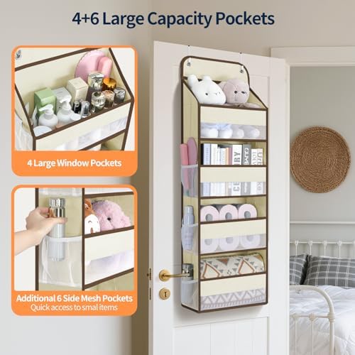 Yecaye Over The Door Organizer, Heavy Duty Hanging Organizers and Storage with 4 Large Capacity Pockets, Swing-Proof Behind The Door Storage for Bathroom Nursery Bedroom Dorm Closet, Beige,1Pc - Image 2