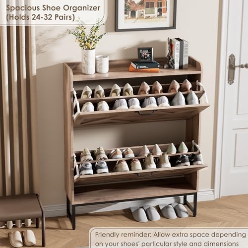 Nicetree Shoe Cabinet with 2 Flip Drawers，Freestanding Shoe Storage Cabinet, Narrow Shoe Organizer Cabinet, Farmhouse Slim Shoe Rack Cabinet for Entryway,Toasted Oak - Image 4