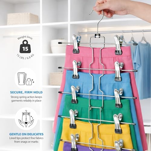 ZOBER 3-Pack 6-Tier Skirt Hangers with Clips, Clothes Hangers for Pants | Chrome metal, rubber-coated clips, swivel hooks, pants hangers with clips space saving for jeans and shorts, 18.25 x 11 in - Image 3