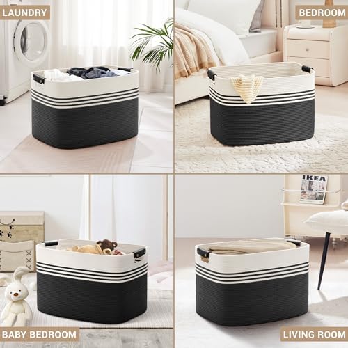 100L Large Woven Laundry Basket Hamper with Leather Handles,Black - Image 5
