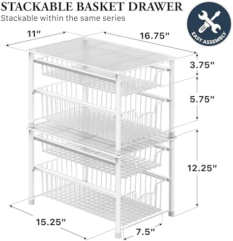 Simple Houseware Stackable Sliding Basket Organizer Drawer, White, 2-Tier - Image 2