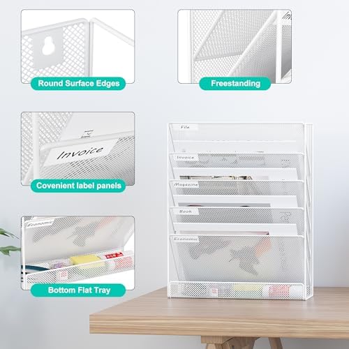 EasyPAG 5 Tier Wall File Holder, Mesh Hanging Folder Organizer with Classify Label, Versatile Desk File Holder, Vertical Wall Mounted Mail Organizer for Office Home Cubicle, White - Image 2