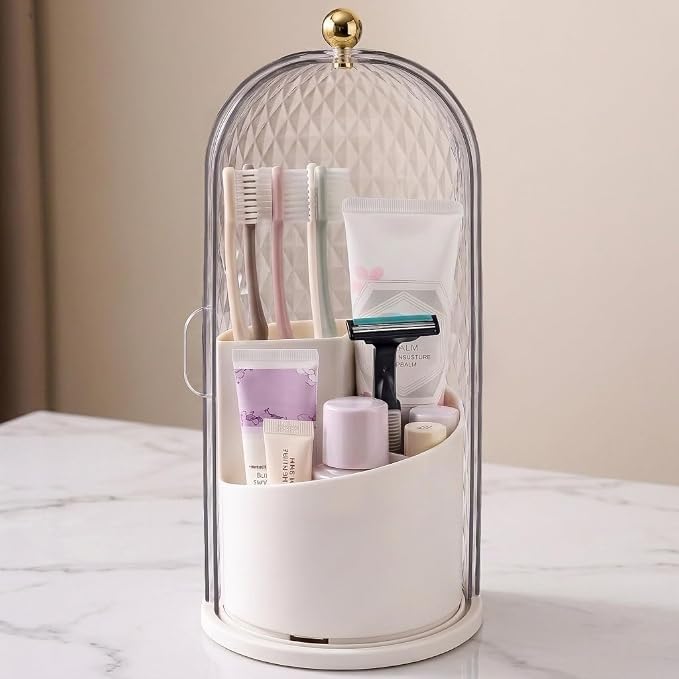 QIYVLOS Toothbrush Holders with Sliding Lid, Rotating 3 Slots Bathroom Organizer Countertop, Tooth Brush Toothpaste Holder Bathroom Counter Stand Caddy for Vanity Makeup Brushes Holder (White) by QIYVLOS