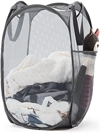 TECHMILLY Collapsible Mesh Pop Up Laundry Hamper with Sturdy Handles and Side Pocket - Portable Foldable Clothes Baskets for Dorm, Bathroom & Travel Storage (Grey) by TECHMILLY