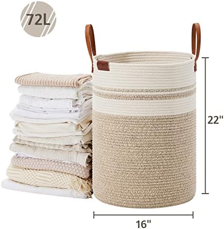 VIPOSCO 72L Tall Woven Rope Laundry Hamper, Leather Handles, Brown & White - Image 5