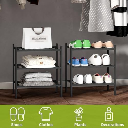 BMOSU 3-Tier Bamboo Small Shoe Rack Premium Stackable Shoe Shelf Storage Organizer for Hallway Closet Living Room Entryway Organizer (Black Bamboo) - Image 6