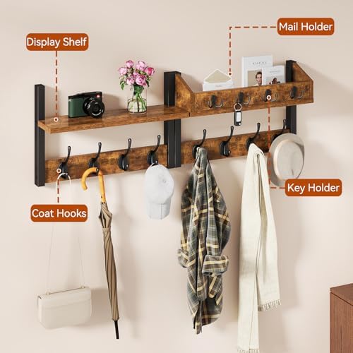 31.5" Coat and Key Rack Wall Mount with Shelf, Rustic Brown, HWS007H-2 - Image 4