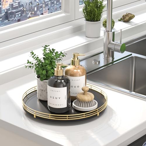 Oroyutor 13-Inch Oak Lazy Susan Vanity Tray with Gold Metal Rail - Image 3