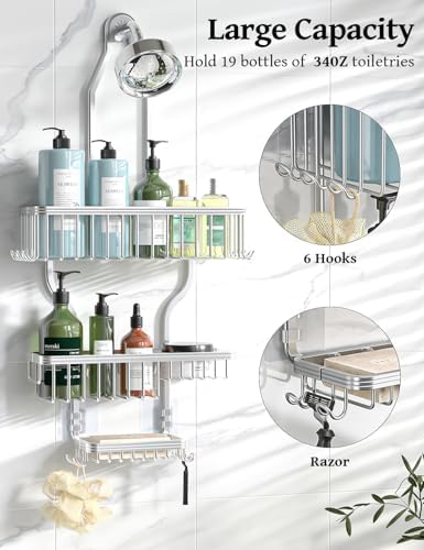 YASONIC Never Rust Shower Caddy Hanging, Aluminum Shower Racks for Inside Shower, 3-Tier Shower Organizer Hanging Over Shower Head with Hooks and Soap Holder, Silver - Image 2