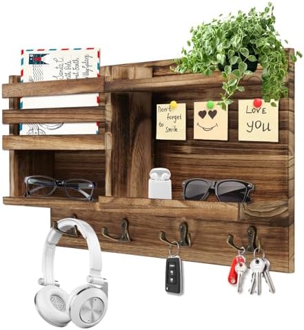 Key Holder Wall Mount, Solid Wood Key and Mail Organizer for Wall(Self Adhesive or Drill), 8 Hooks Key Rack for Entryway Hallway Bedroom Farmhouse Home Decor (Burnt Brown) by Eryvik