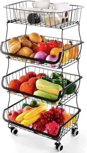 Fruit Vegetable Storage Basket, 4 Tier Stackable Metal Wire Storage Baskets with Wheels, Fruit Vegetable Produce Basket Organizer Bins for Kitchen, Pantry, Bathroom by MiyawellOfficial