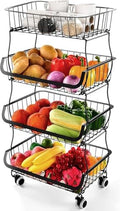 Fruit Vegetable Storage Basket, 4 Tier Stackable Metal Wire Storage Baskets with Wheels, Fruit Vegetable Produce Basket Organizer Bins for Kitchen, Pantry, Bathroom by MiyawellOfficial