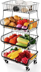 Fruit Vegetable Storage Basket, 4 Tier Stackable Metal Wire Storage Baskets with Wheels, Fruit Vegetable Produce Basket Organizer Bins for Kitchen, Pantry, Bathroom by MiyawellOfficial