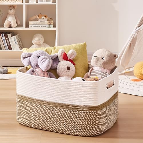 OIAHOMY Blanket Basket Laundry Basket Dog Toy Basket 75L Yellow/White - Image 5