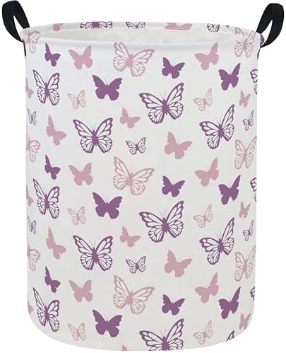 ESSME Butterfly Laundry Basket,Hamper Collapsible Canvas Waterproof Storage Bin,Gift Baskets,(Purple Butterfly) by ESSME