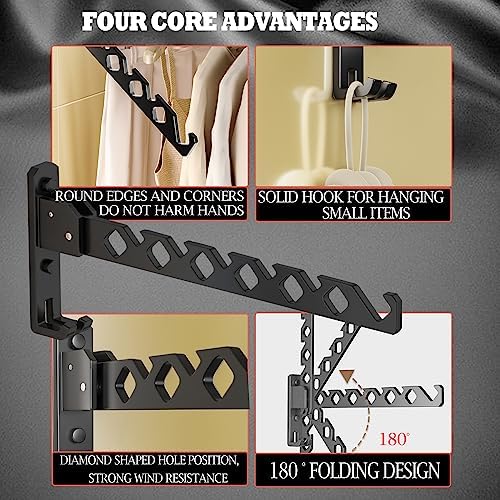 Dr.DJ Wall Mount Coat Hanger Holder Black Clothes Drying Organizer Rack Garment Hooks Aluminium Retractable Folding Indoor Wall Mounted Hanger for Laundry Room Bedroom Black 2Pack with 80cm Rod - Image 2