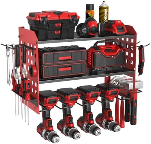 SUNALLY Power Tool Organizer, Wall Mount Garage Tools Storage Rack, Red by SUNALLY