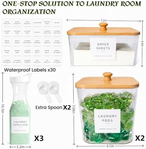 3+3 Pack Laundry Pods Containers & Dryer Sheet Holder & Laundry Detergent Dispenser, Laundry Room Organization and Storage Jars with Lids, Labels and Scoops for Scent Booster, Powder, Pods - Image 3