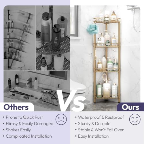 SWTYMIKI Standing Shower Caddy Corner - 4‑Tier Stainless Steel Shower Organizer Shelf with 12 Hooks and Adhesive Pads, Rustproof Corner Shelves Stand Rack for Bathroom Shower Room, Gold - Image 2