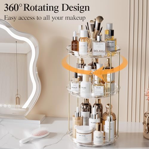 Delamu 3 Tier Rotating Makeup Organizer for Vanity, Bathroom Counter Organizer with Stackable Design, Spinning Skincare Organizer for Bathroom Countertop, Perfume Cosmetic Storage, Clear - Image 2