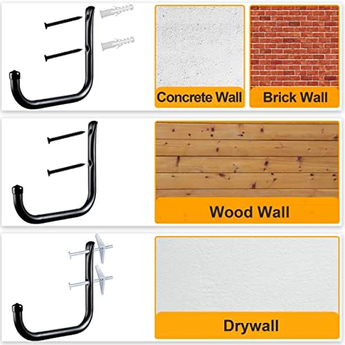 KURUI Wall Hooks for Garage Garden, 4 Pack Water Hose Holder, Large Garage Storage Hanger for Ladder Bike Extension Cord Tool, Wall Mount l Hooks, Black Heavy Duty 8 inch Long Hook - Image 7