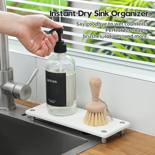 Razborci Water Absorbing Stone Sink Caddy, Diatomite Kitchen Sink Organizer, Bathroom Counter Tray, Faucet Drying Mat Coaster Soap Dish Rack Riser Dispenser Sponge Holder, Silver, White 10" x 4" - Image 4