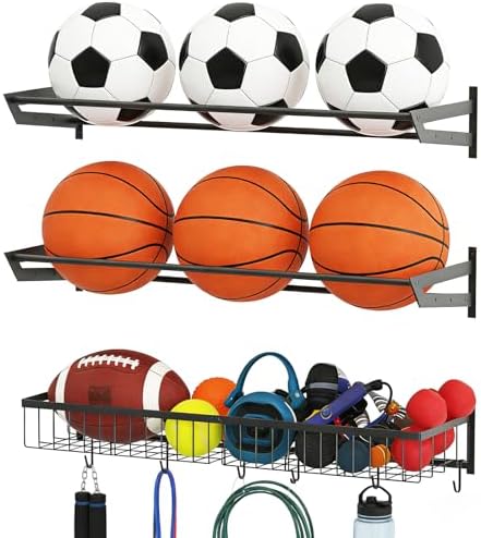 Wall Mount Ball Rack, Garage Sports Equipment Rack with 3 Separate Shelves, Wall Mount Ball Storage Racks for Garage, Sport Equipment Organizer with 6 Hooks, Metal Ball Rack, Black by Unknown