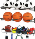 Wall Mount Ball Rack, Garage Sports Equipment Rack with 3 Separate Shelves, Wall Mount Ball Storage Racks for Garage, Sport Equipment Organizer with 6 Hooks, Metal Ball Rack, Black by Unknown