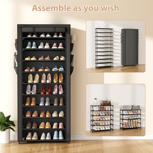 VTRIN Vertical Narrow Shoe Rack Organizer Tall Shoe Rack for Closet Entryway 10 Tier Non-Woven Cover Shoe Shelf Holds 36-41 Pairs Free Standing Shoe Storage Cabinet with Dustproof Cover, Black - Image 5