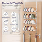 SWTYMIKI Over Door Hat Organizer - 5 Tier Wall Mounted Hat Rack with 4 Adjustable Metal Basket Heights Design and 3 Hooks, Baseball Cap Organizer Storage Holds up to 49 Caps for Door, Bedroom, Closet - Image 2