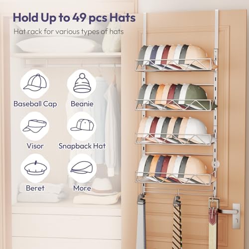 SWTYMIKI Over Door Hat Organizer - 5 Tier Wall Mounted Hat Rack with 4 Adjustable Metal Basket Heights Design and 3 Hooks, Baseball Cap Organizer Storage Holds up to 49 Caps for Door, Bedroom, Closet - Image 2