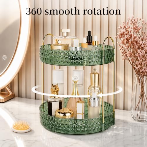 Large Capacity Rotating Makeup Organizer Perfume Stand Holder, 2 Tier Green - Image 2