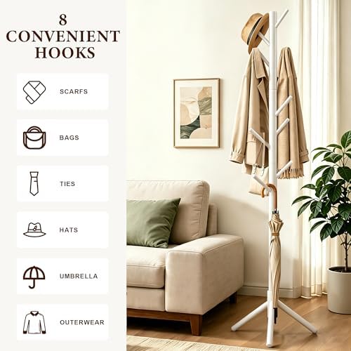 2 PC Wooden Coat Rack Freestanding with 8 Hooks & 3 Adjustable Sizes for Clothes, Space-Saving Design for Bedroom Office Entrance Holds Hats Coats Scarves Bags - Image 5